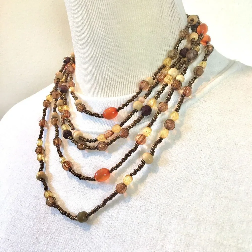 Vintage 90s Necklace 19.5 Inch Layered Beaded Bronze Wood Beads